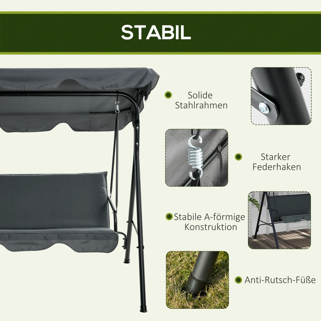 Altalena Hollywood 3-posti con tetto protettivo di struttura in acciaio solido 172×110×153cm colore grigio - Image 5
