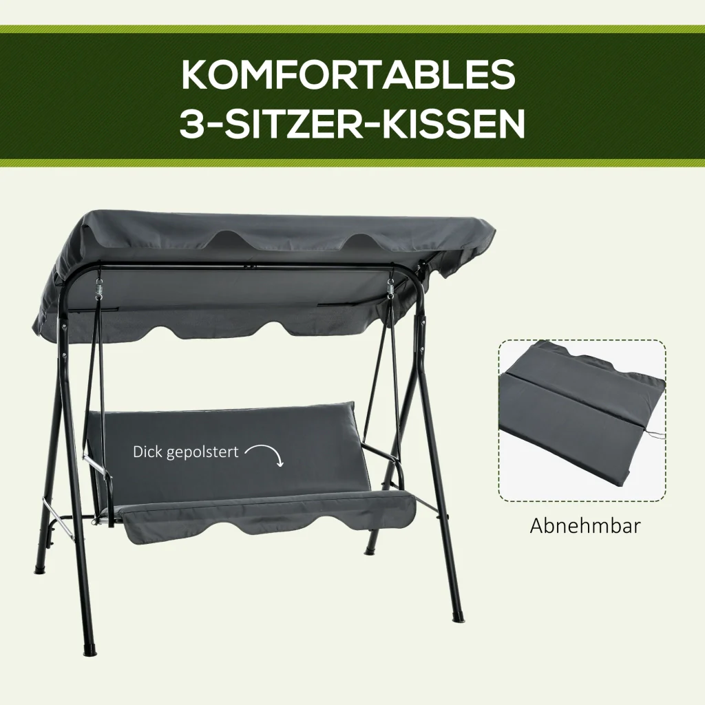 Altalena Hollywood 3-posti con tetto protettivo di struttura in acciaio solido 172×110×153cm colore grigio - Image 7