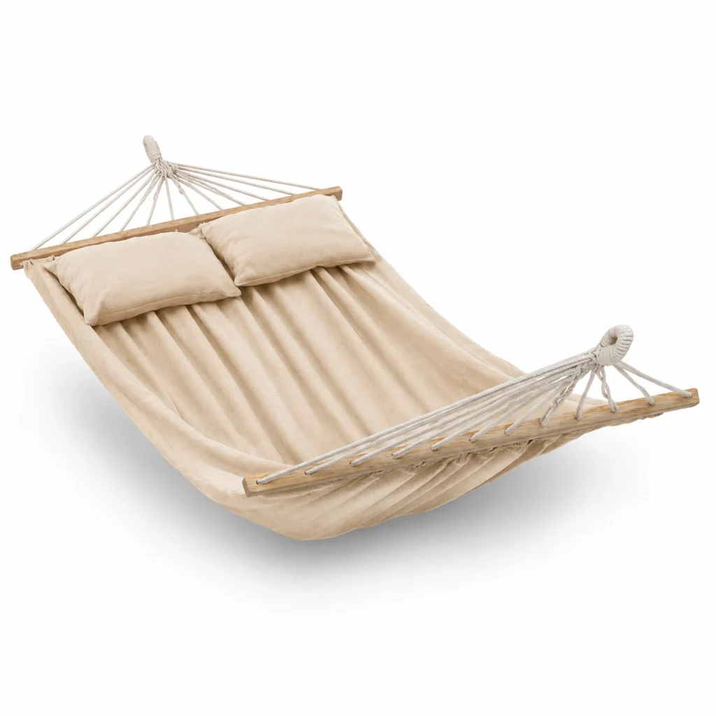 Amaca Matrimoniale Relax Per Giardino Piscina E Terrazza Con Barre In Legno Cuscini Inclusi E Tessuto Cotone Poliestere Resistente 300 Kg 240 x 150 Cm Beige