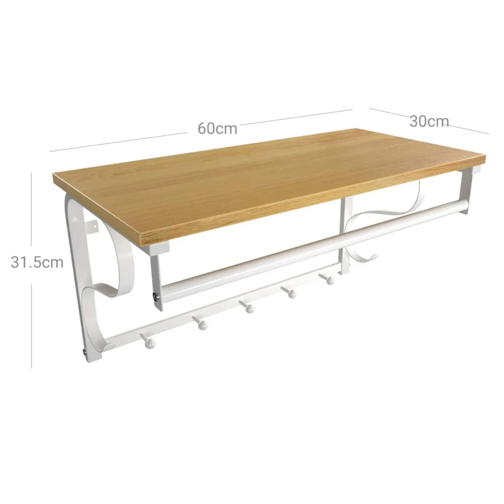 Appendiabiti da parete con ripiano portaoggetti mensola da parete con ganci mensola da parete con asta appendiabiti 5 ganci per ingresso camera da letto bagno soggiorno rovere 66 cm rovere e bianco 12_0002598 - Image 3