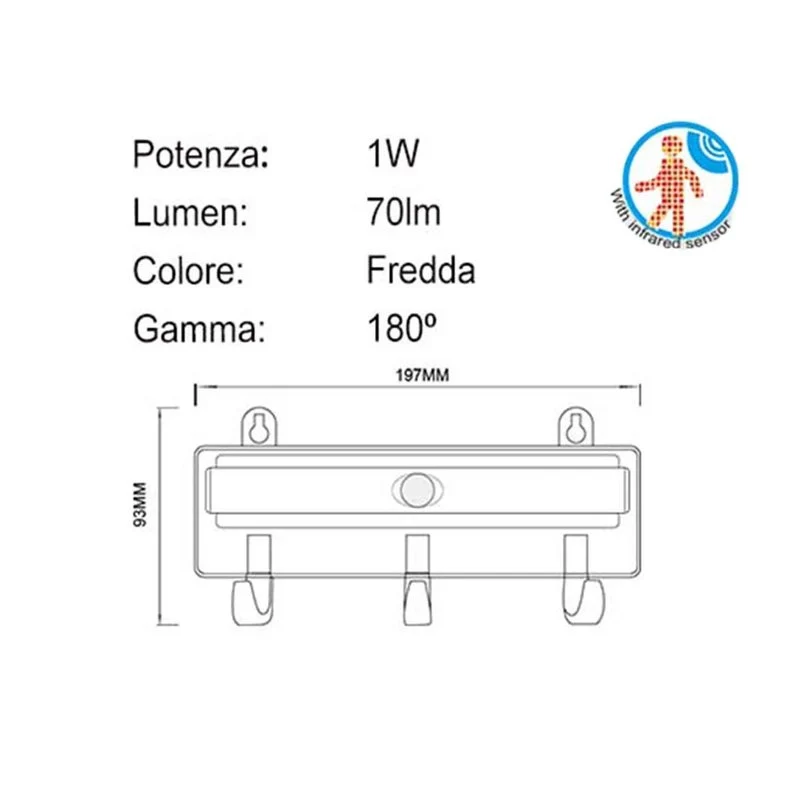 Appendiabiti con Lampada di Sensore a Movimento Luce LED da Armadio Bianco Freddo 6500K 70lm 1W - Image 2