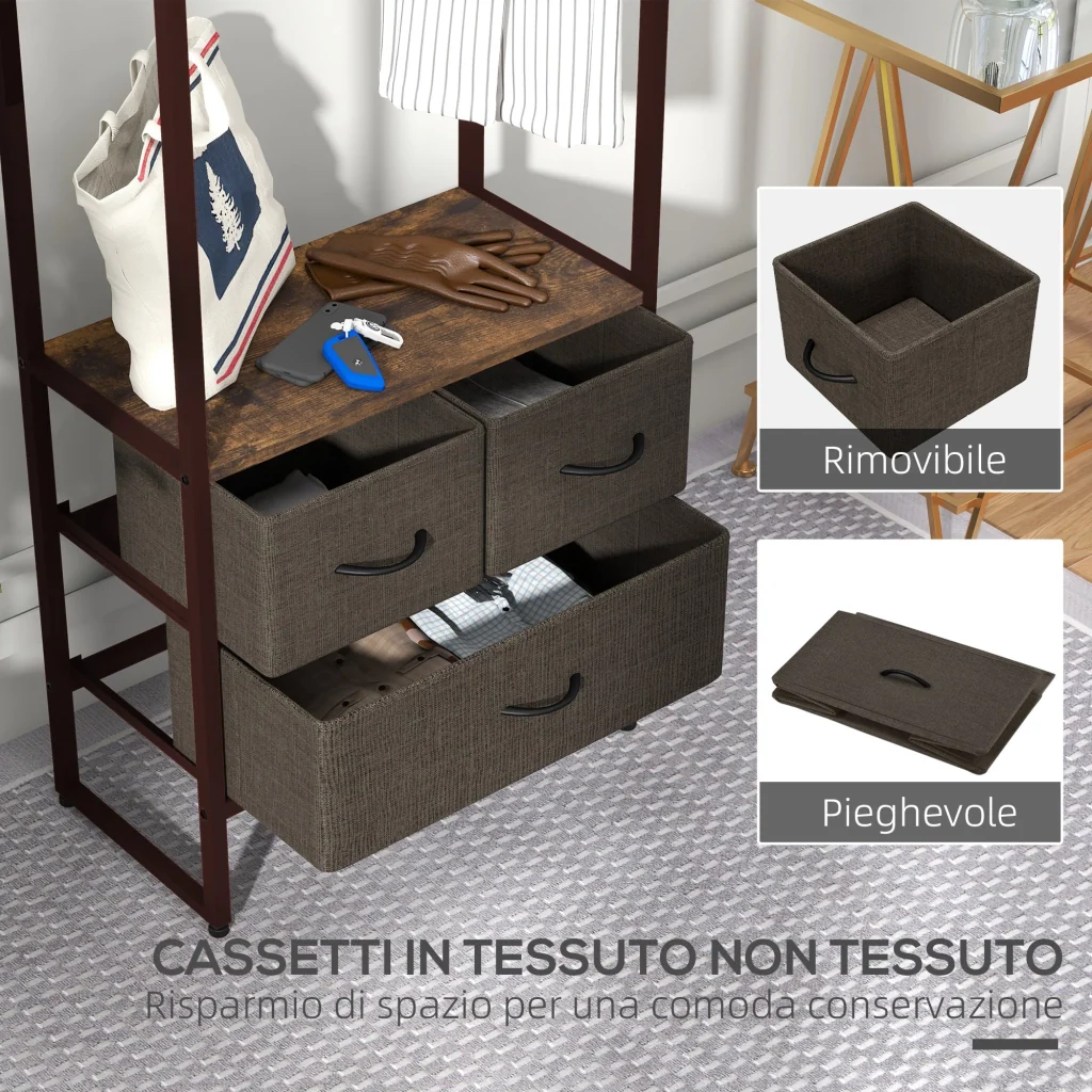 Appendiabiti da Terra con Asta 3 Cassetti e Ripiani 58,5x30x178 cm in Legno MDF e Acciaio Marrone - Image 5