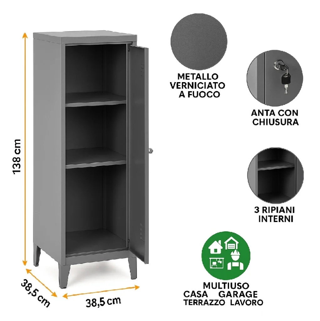 Armadietto Spogliatoio in Metallo con Chiave 1 Anta 3 Scomparti 138x38,5x38,5 Bianco - Image 7