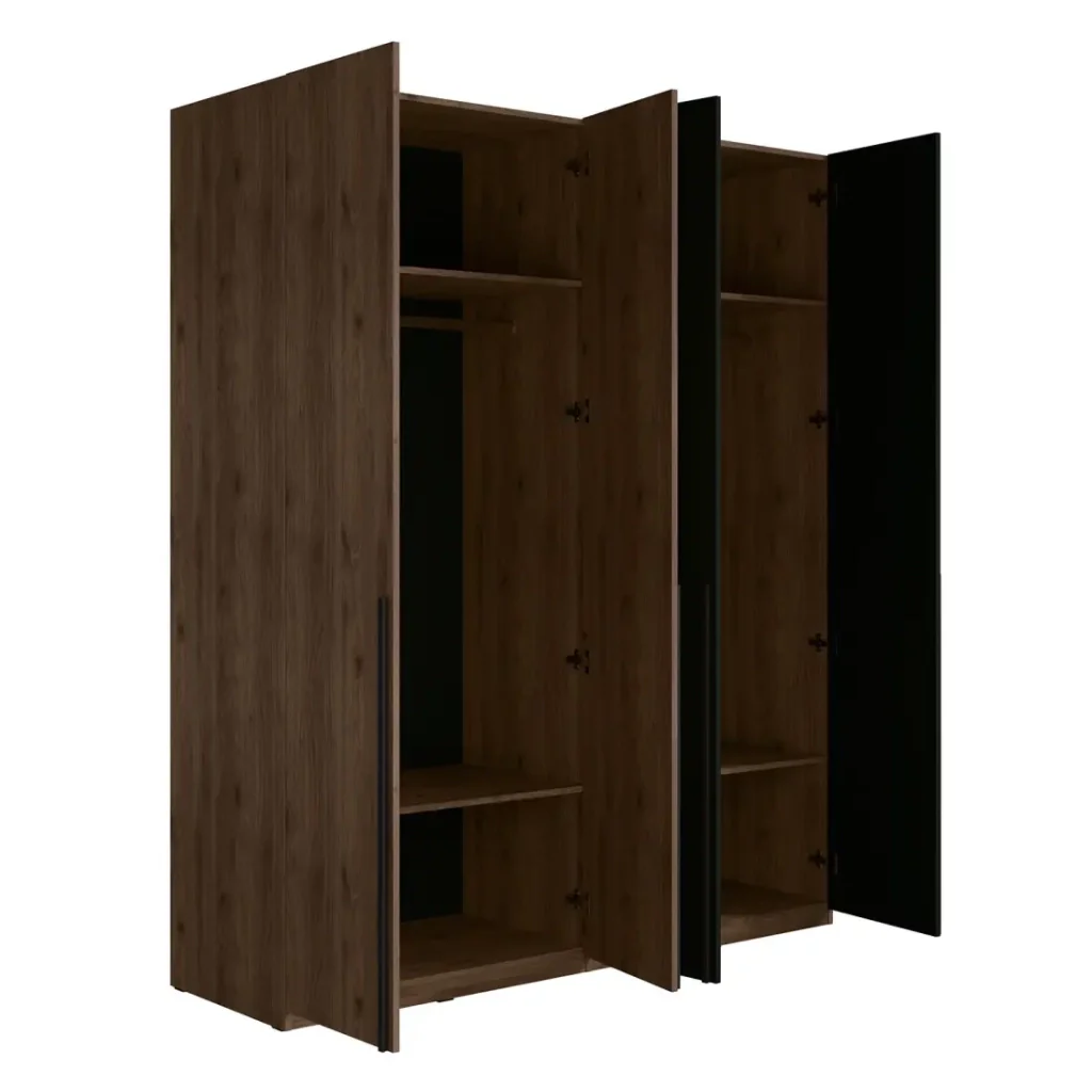 Armadio 4 porte NORVIK - Color noce e nero - Organizzazione ottimizzata con appendiabiti e scaffali - Image 3