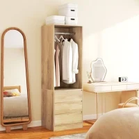 Armadio Guardaroba con Asta Appendiabiti, Ripiano Aperto e 3 Cassetti, in Legno, 60x48.5x185 cm, color Teak - Image 2