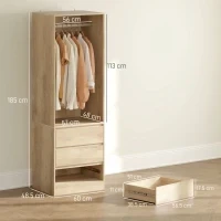 Armadio Guardaroba con Asta Appendiabiti, Ripiano Aperto e 3 Cassetti, in Legno, 60x48.5x185 cm, color Teak - Image 3