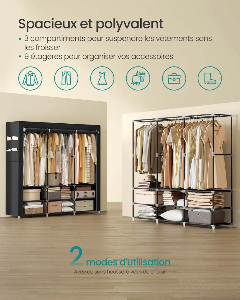 Armadio per camera da letto in tessuto appendiabiti 45 x 127 x 176 cm 2 scomparti appendiabiti con ripiani 4 tasche grande capacità per camera da letto/soggiorno nero 12_0003968 - Image 3