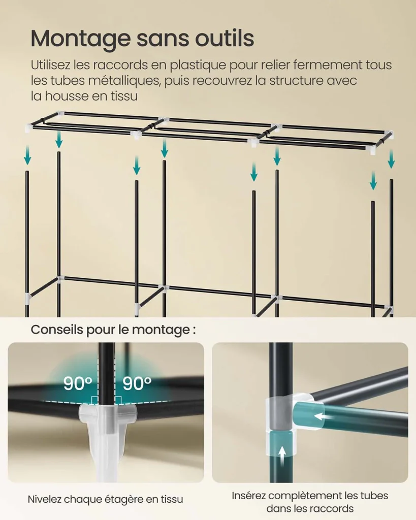 Armadio per camera da letto in tessuto appendiabiti 45 x 127 x 176 cm 2 scomparti appendiabiti con ripiani 4 tasche grande capacità per camera da letto/soggiorno nero 12_0003968 - Image 4