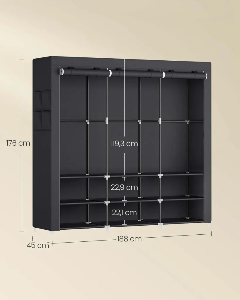 Armadio per camera da letto in tessuto appendiabiti 45 x 127 x 176 cm 2 scomparti appendiabiti con ripiani 4 tasche grande capacità per camera da letto/soggiorno nero 12_0003968 - Image 5