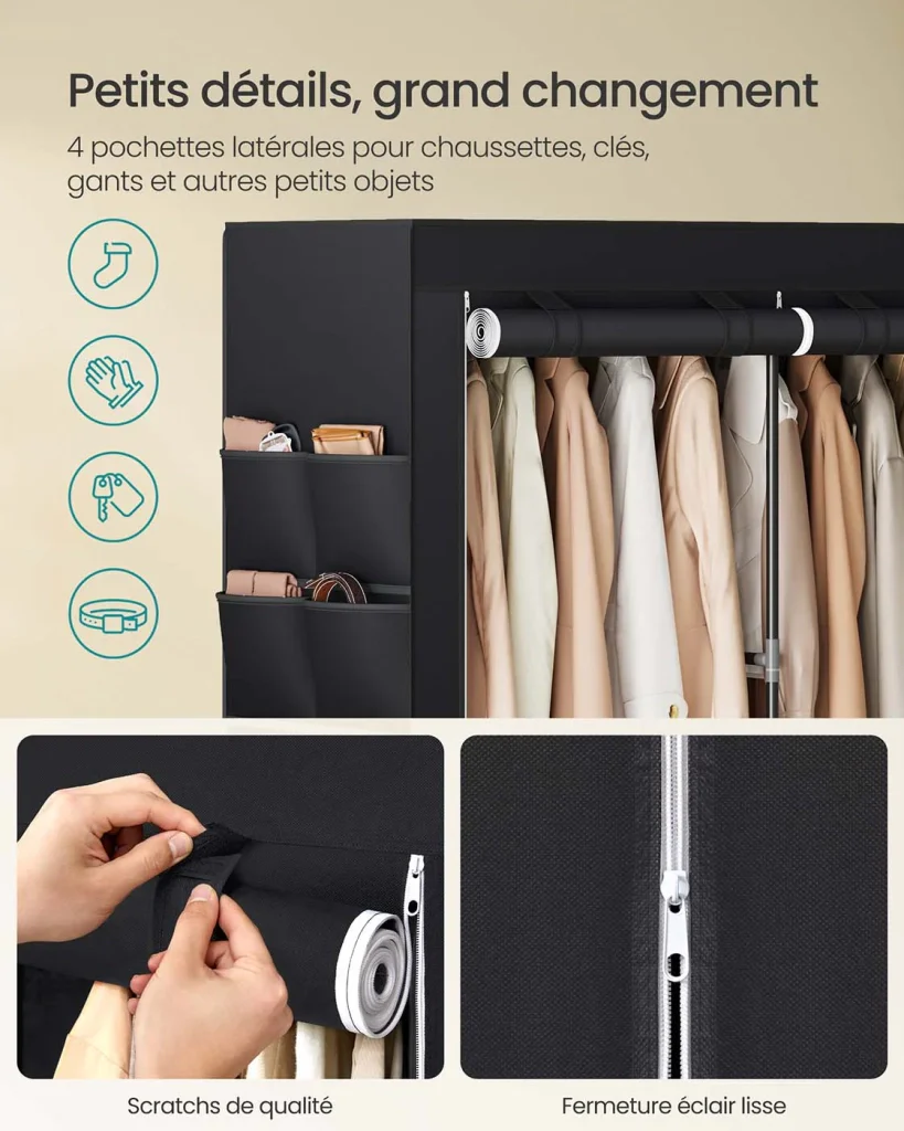Armadio per camera da letto in tessuto appendiabiti 45 x 127 x 176 cm 2 scomparti appendiabiti con ripiani 4 tasche grande capacità per camera da letto/soggiorno nero 12_0003968 - Image 6