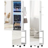 Armadio Portagioie con Specchiera Girevole a 360°, Luce LED Regolabile, Serratura e Ripiani, 37x40x165.5 cm, Nero