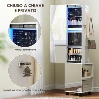 Armadio Portagioie con Specchiera Girevole a 360°, Luce LED Regolabile, Serratura e Ripiani, 37x40x165.5 cm, Nero - Image 9