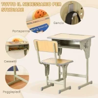 Banco Scuola con Sedia per Bambini 6-12 Anni, Scrivania per Bambini con Altezza Regolabile, Vano Contenitore e Portapenne, Acciaio e MDF, Color Legno - Image 5