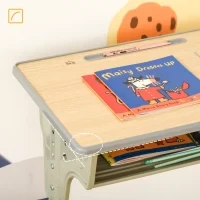 Banco Scuola con Sedia per Bambini 6-12 Anni, Scrivania per Bambini con Altezza Regolabile, Vano Contenitore e Portapenne, Acciaio e MDF, Color Legno - Image 7