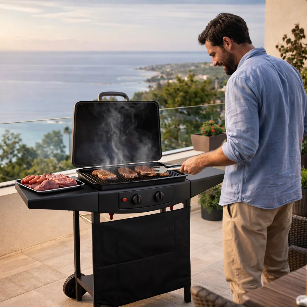 Barbecue a Gas 2 Fuochi 5kw con Ruote e Ripiani Griglia Accensione Elettrica - Image 3