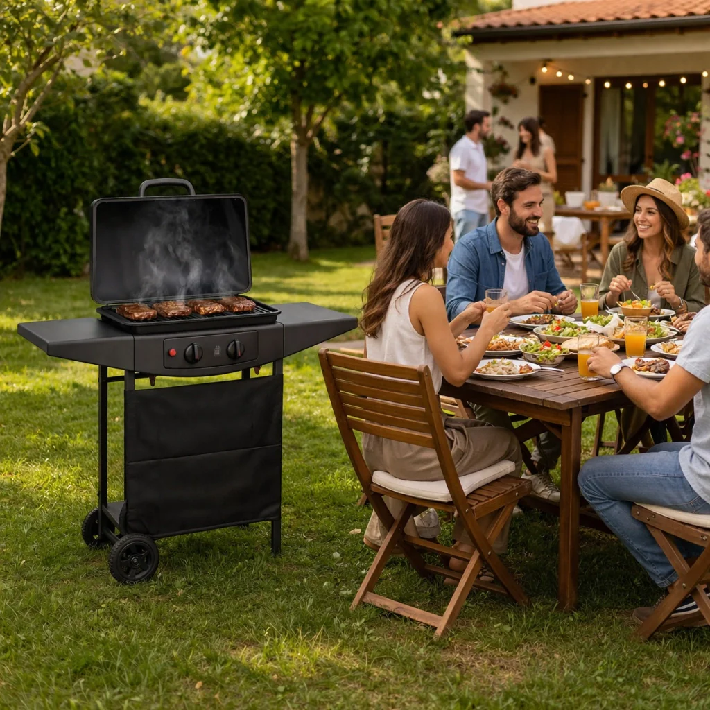 Barbecue a Gas 2 Fuochi 5kw con Ruote e Ripiani Griglia Accensione Elettrica - Image 4