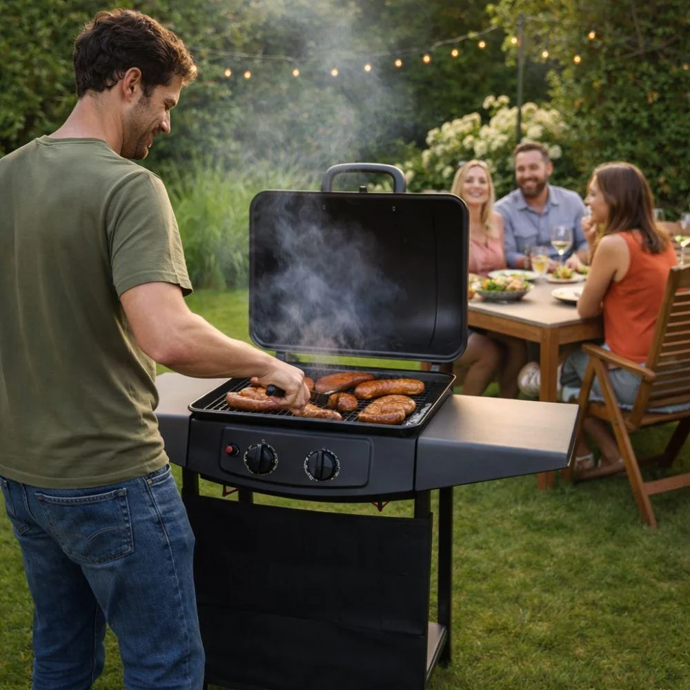 Barbecue a Gas 2 Fuochi 5kw con Ruote e Ripiani Griglia Accensione Elettrica - Image 5
