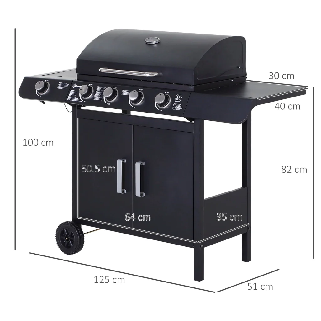Barbecue a Gas a 5 Fornelli con Ripiani Laterali e Armadietto 125x51x100 cm in Acciaio e PP Nero - Image 3