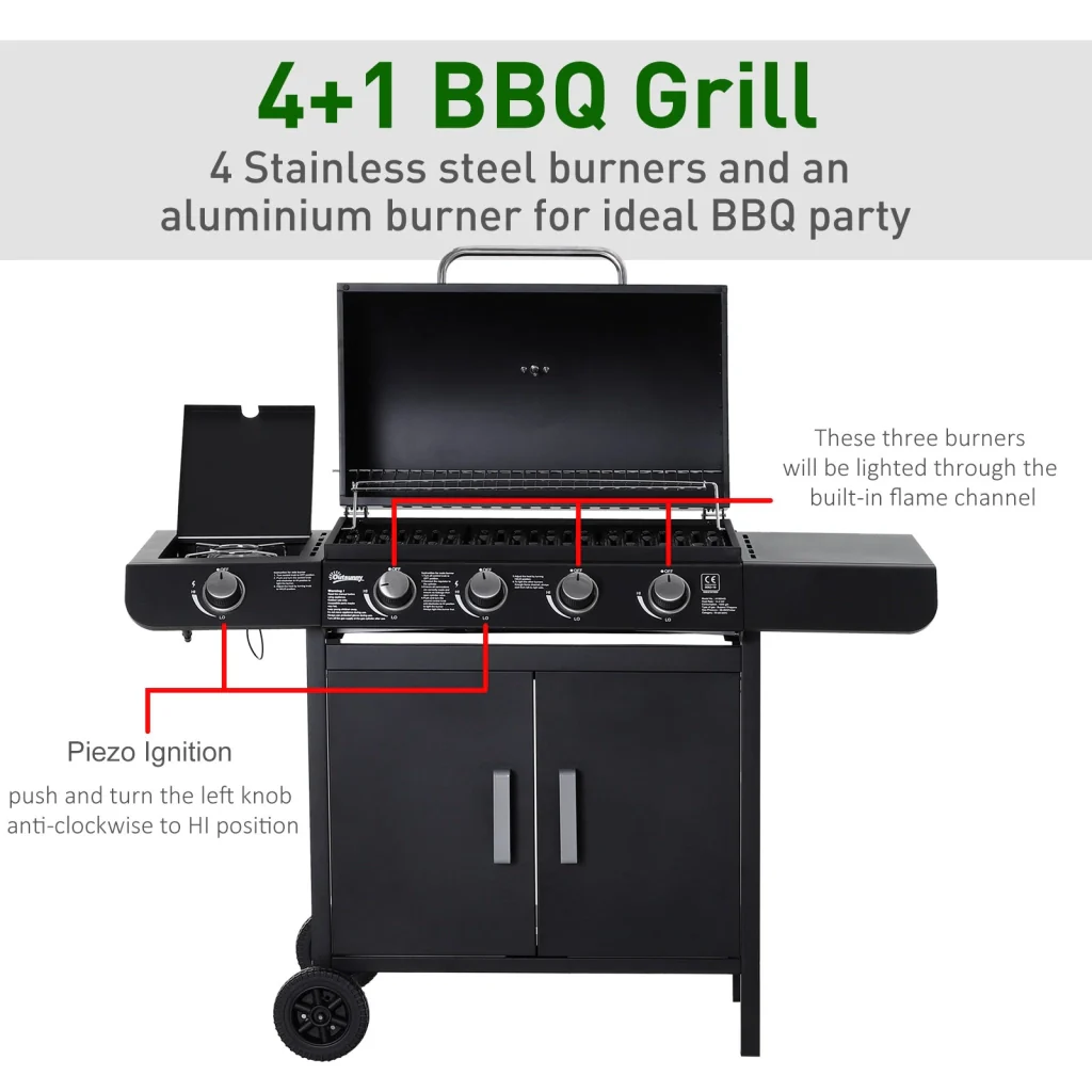 Barbecue a Gas a 5 Fornelli con Ripiani Laterali e Armadietto 125x51x100 cm in Acciaio e PP Nero - Image 5