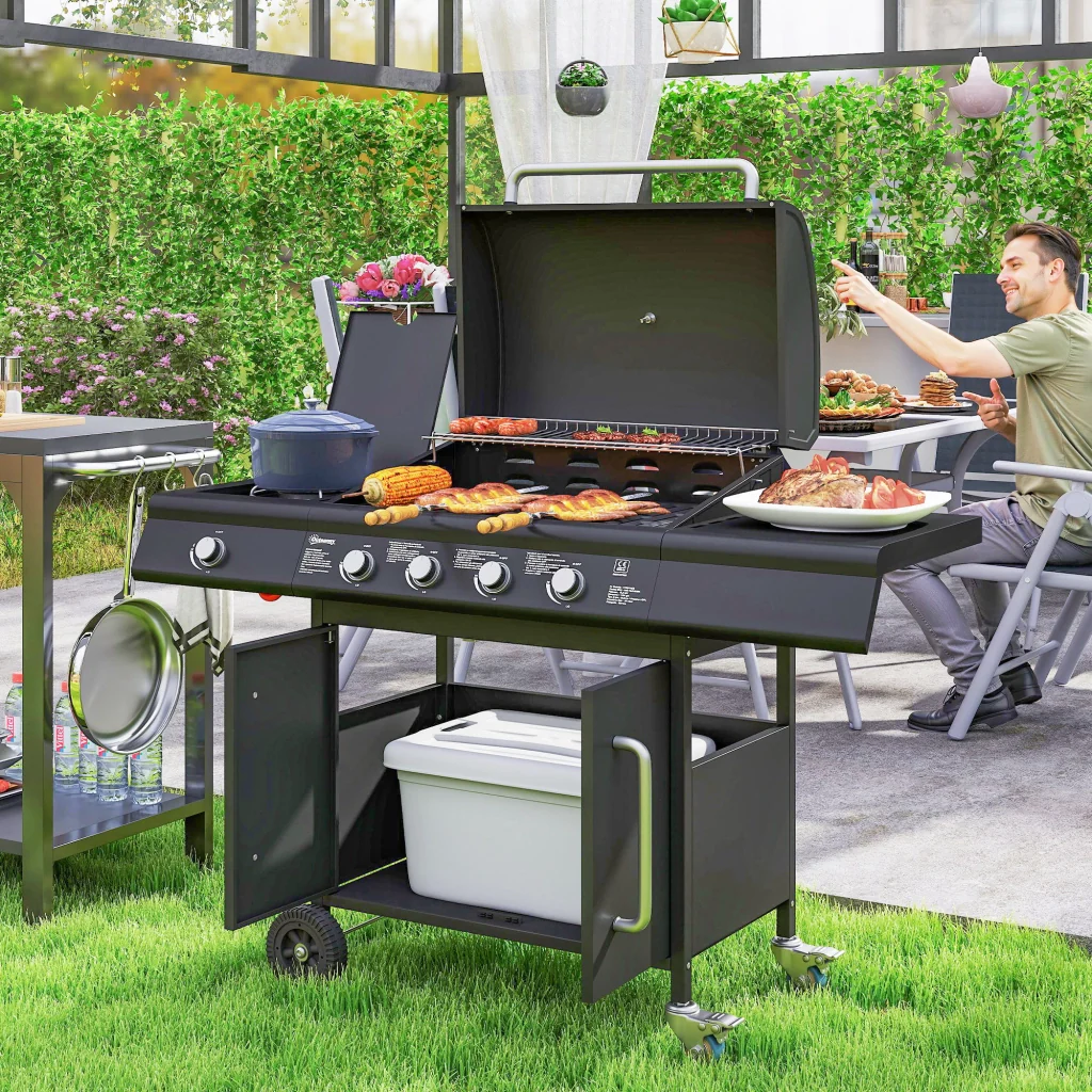 Barbecue a Gas con Fornello Laterale 129,5x56x110 cm Tavolino e Armadietto in Acciaio e PP Nero - Image 2