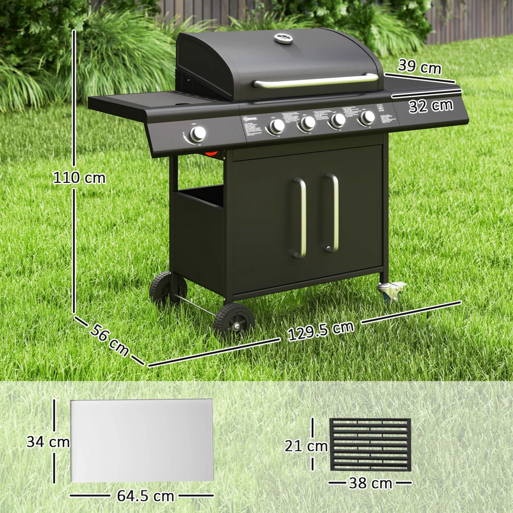 Barbecue a Gas con Fornello Laterale 129,5x56x110 cm Tavolino e Armadietto in Acciaio e PP Nero - Image 3