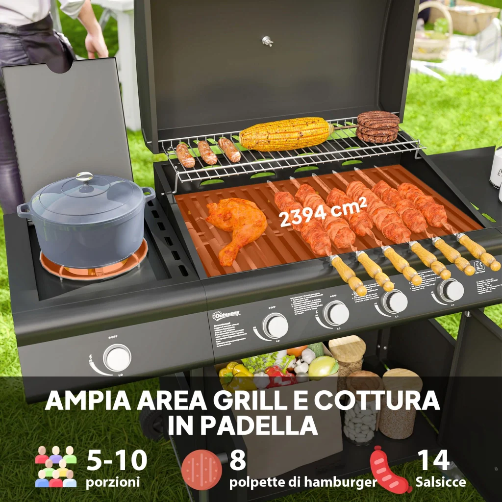 Barbecue a Gas con Fornello Laterale 129,5x56x110 cm Tavolino e Armadietto in Acciaio e PP Nero - Image 4