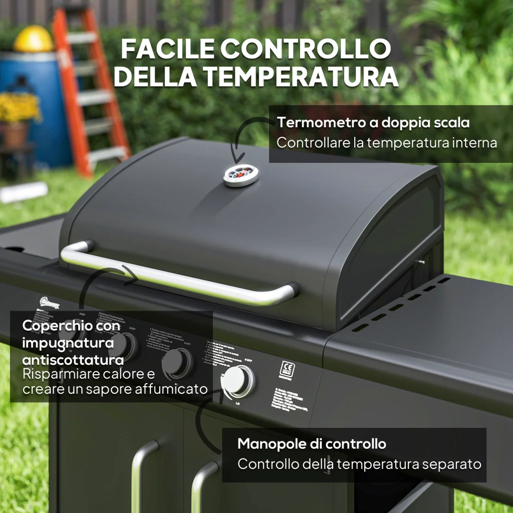 Barbecue a Gas con Fornello Laterale 129,5x56x110 cm Tavolino e Armadietto in Acciaio e PP Nero - Image 5