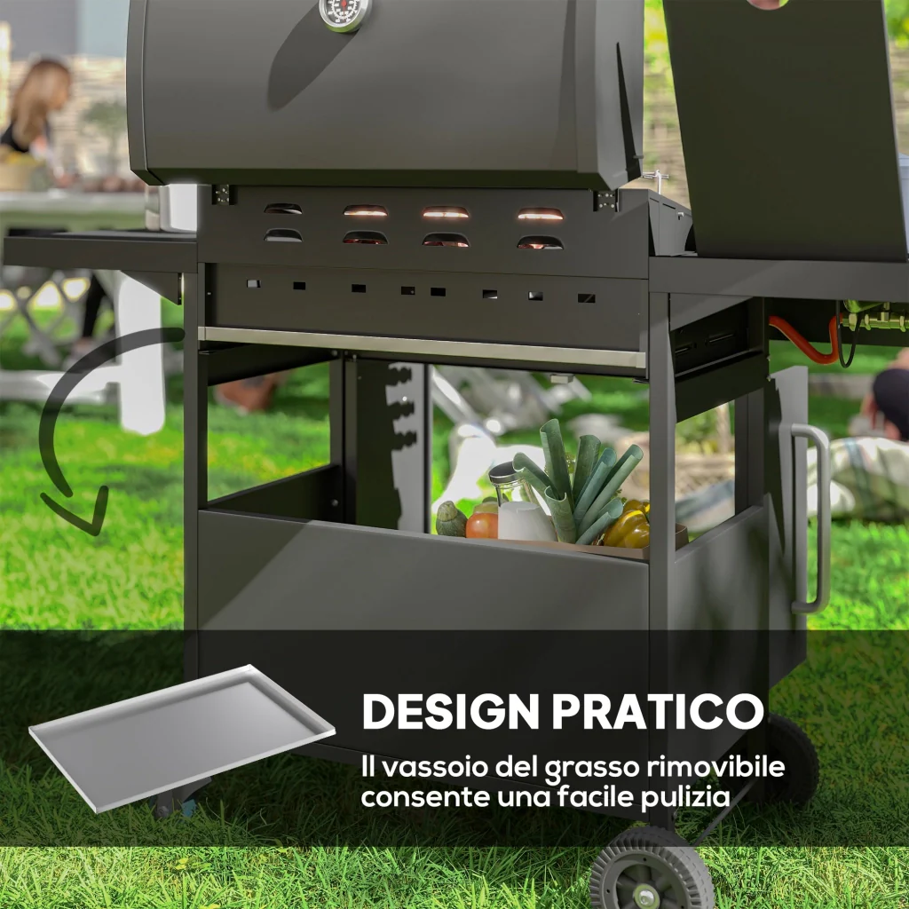 Barbecue a Gas con Fornello Laterale 129,5x56x110 cm Tavolino e Armadietto in Acciaio e PP Nero - Image 7