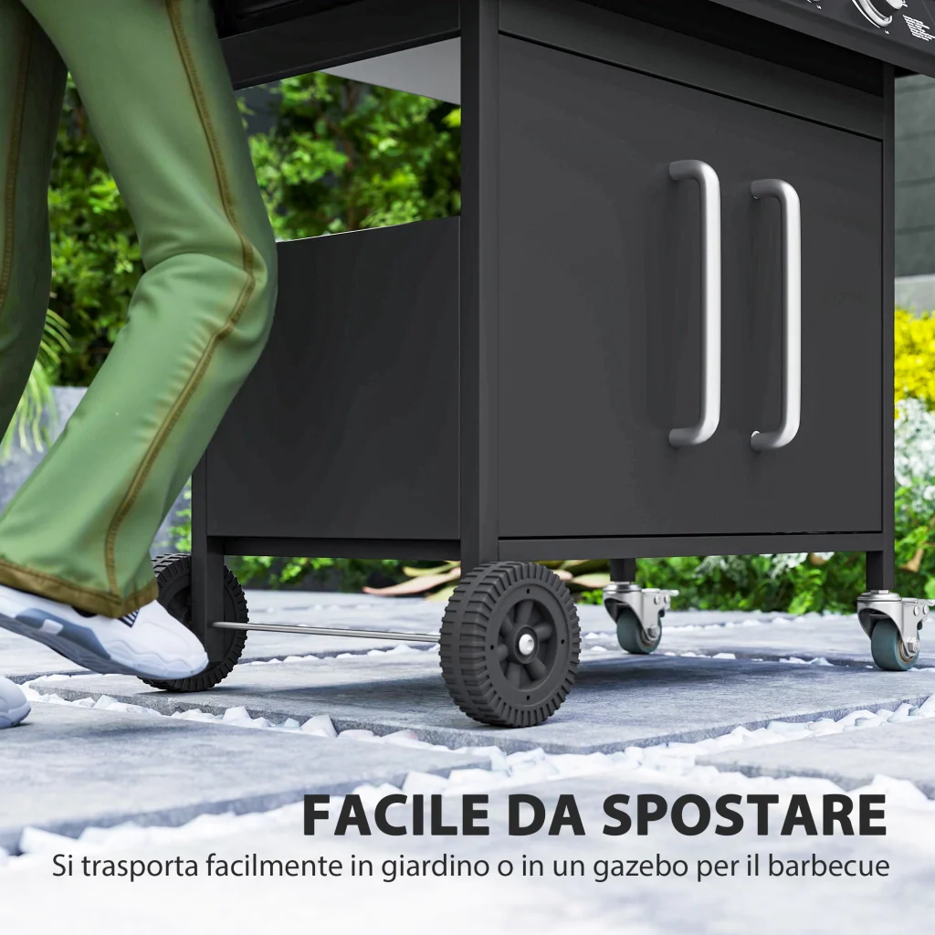 Barbecue a Gas con Fornello Laterale 129,5x56x110 cm Tavolino e Armadietto in Acciaio e PP Nero - Image 8