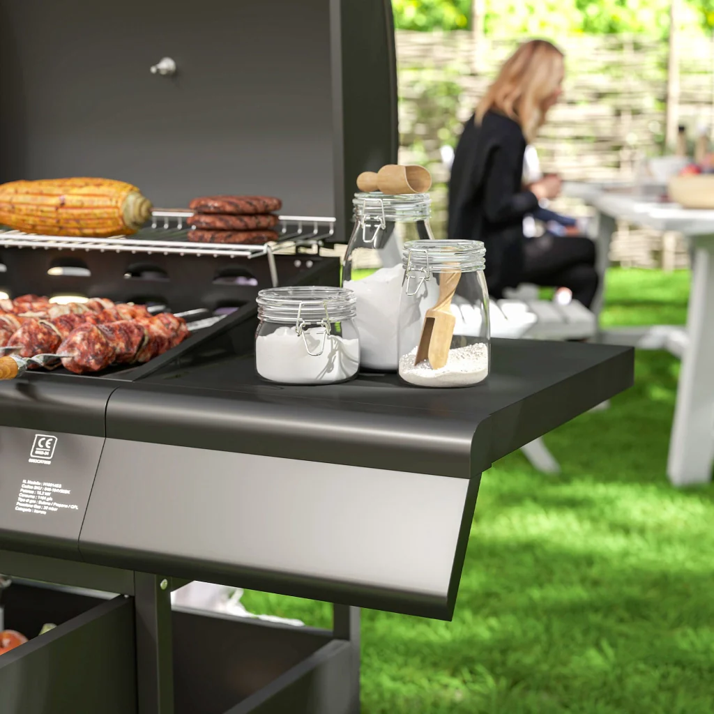 Barbecue a Gas con Fornello Laterale 129,5x56x110 cm Tavolino e Armadietto in Acciaio e PP Nero - Image 9