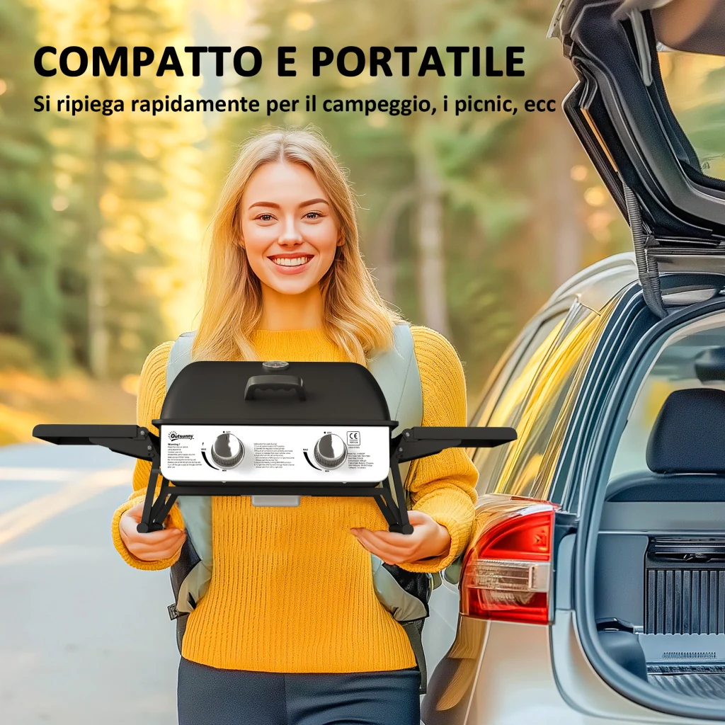 Barbecue a Gas Portatile da Tavolo 2 Bruciatori e Coperchio con Termometro in Acciaio e ABS Nero - Image 4