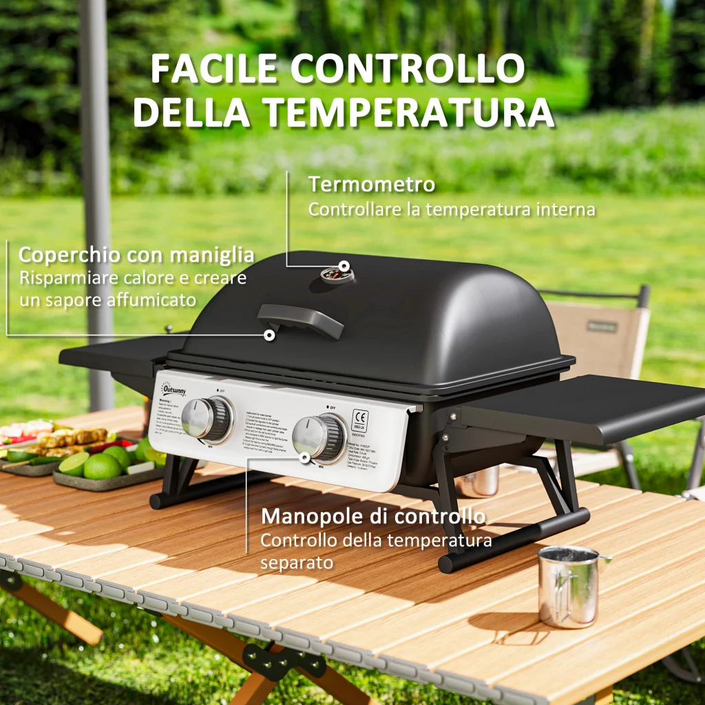 Barbecue a Gas Portatile da Tavolo 2 Bruciatori e Coperchio con Termometro in Acciaio e ABS Nero - Image 6