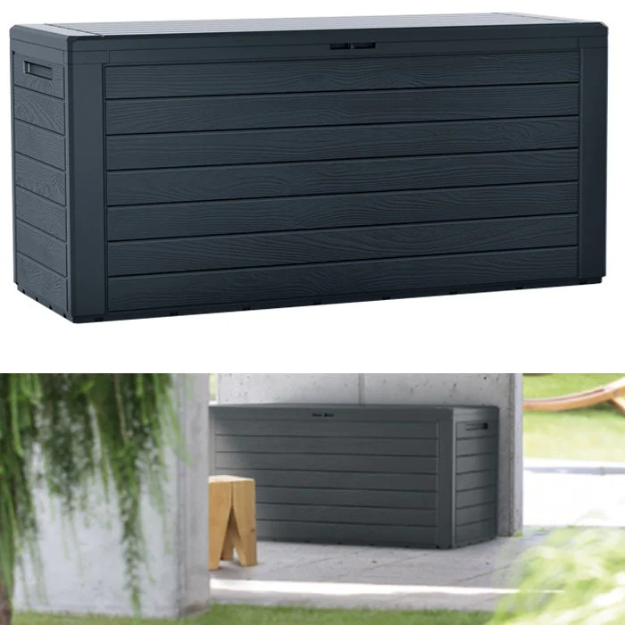Baule da Giardino Impermeabile, Contenitore da Esterno con Maniglie, 280 L, Effetto Legno, Antracite - Image 2