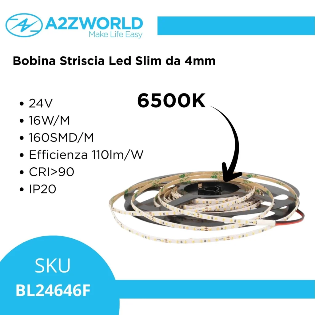 Bobina Striscia Led Slim da 4mm, 24V 16W/M 160SMD/M, Tagliabile ogni 5cm da 8 SMD 2216, IP20, Efficienza 110lm/W, CRI>90, Disponibili 3000K 4000K 6500K (Bianco Freddo 6500K) - Image 2