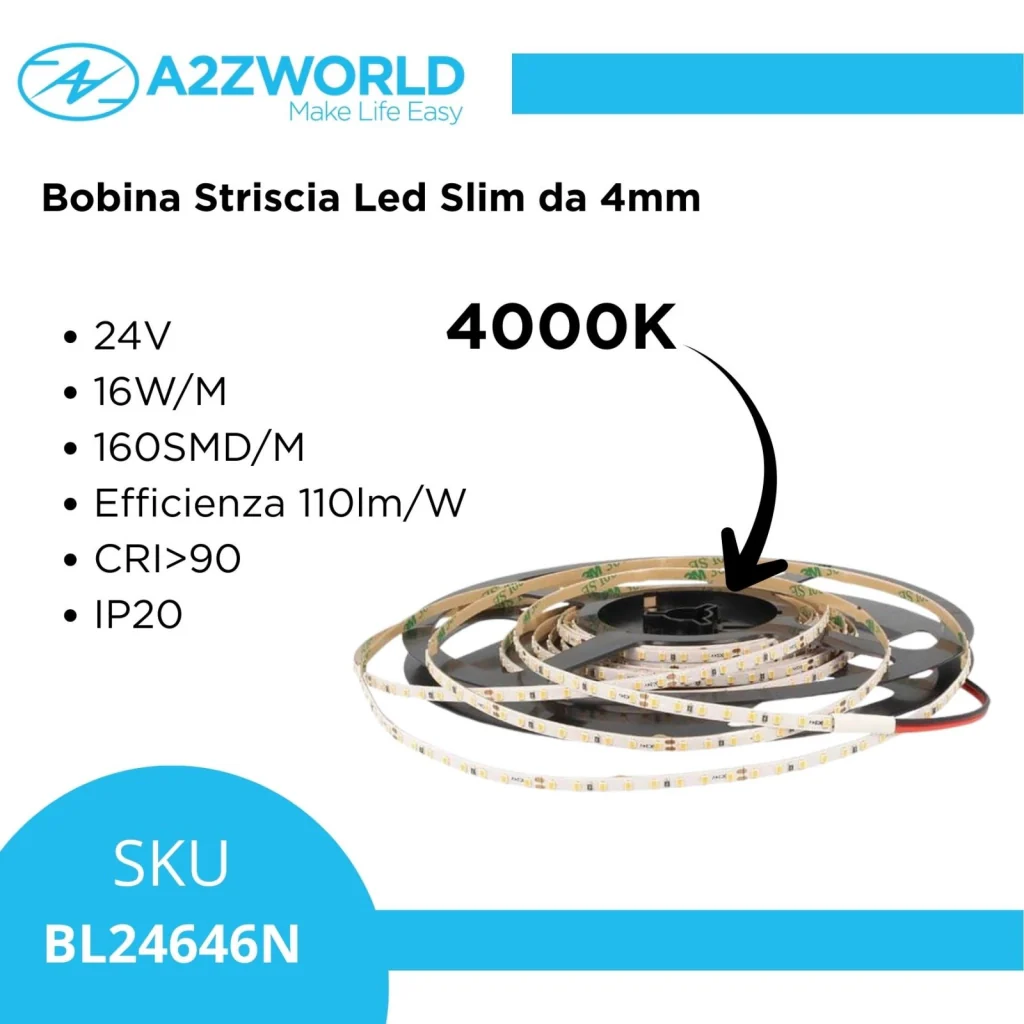 Bobina Striscia Led Slim da 4mm, 24V 16W/M 160SMD/M, Tagliabile ogni 5cm da 8 SMD 2216, IP20, Efficienza 110lm/W, CRI>90, Disponibili 3000K 4000K 6500K (Bianco Neutro 4000K) - Image 2