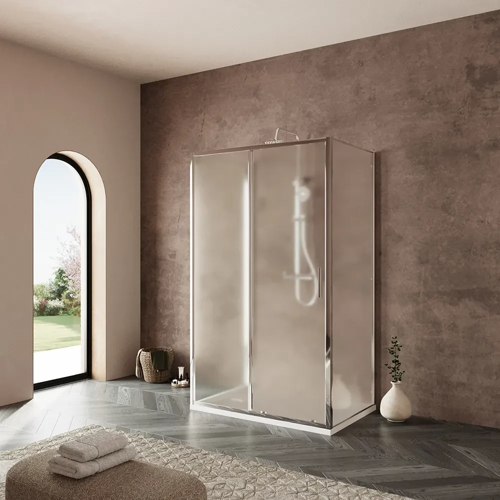 Box doccia tre lati 70x140x70cm con porta scorrevole profili cromati e vetro 6mm opaco h190 | Portofino - Image 2