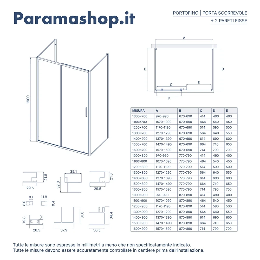 Box doccia tre lati 70x150x70cm con porta scorrevole profili cromati e vetro 6mm opaco h190 | Portofino - Image 8