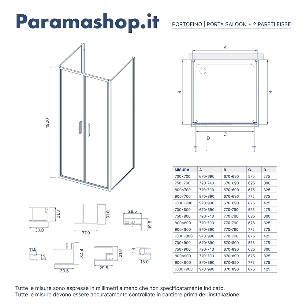 Box doccia tre lati 70x70x70cm con porta saloon profili cromati e vetro 6mm opaco h190 | Portofino - Image 8