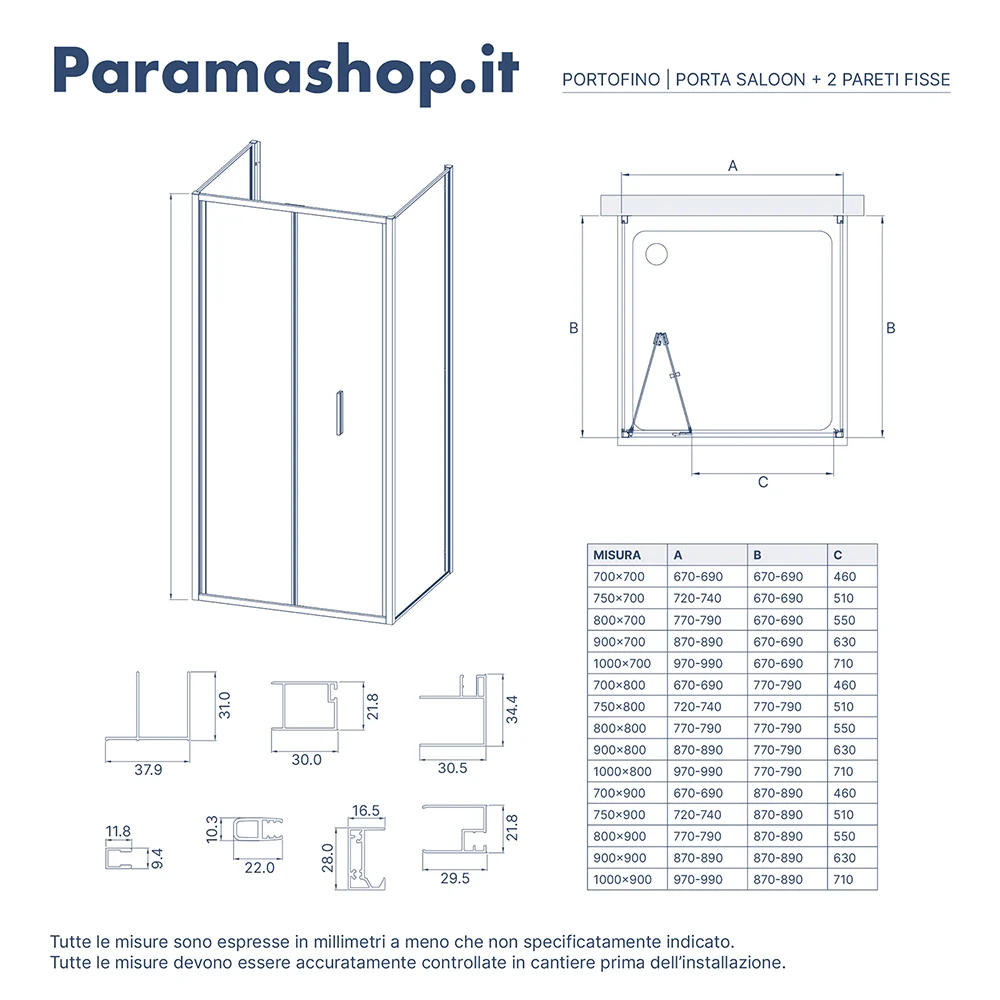 Box doccia tre lati 70x75x70cm con porta a libro profili cromati e vetro 6mm opaco h190 | Portofino - Image 8