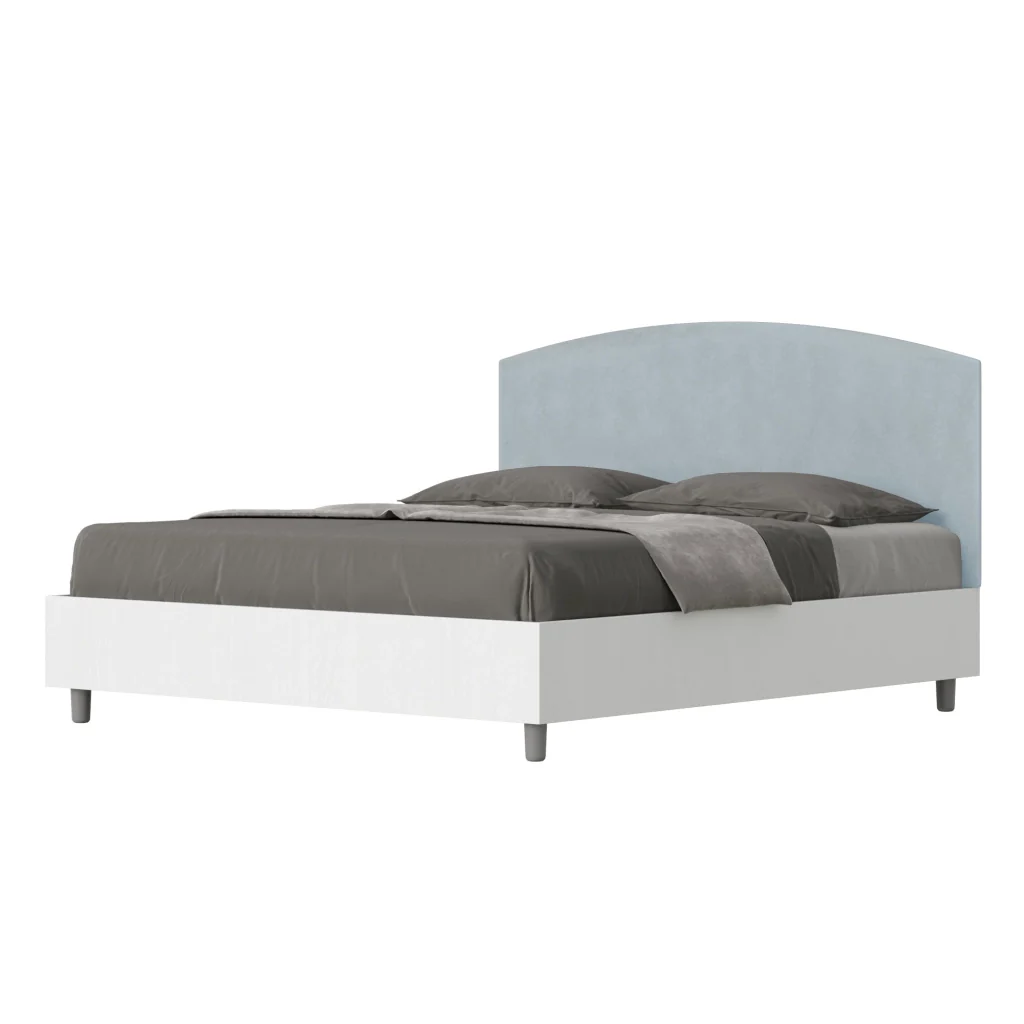 BS COM Letto matrimoniale con rete 160x190 bianco frassino testata microfibra azzurro