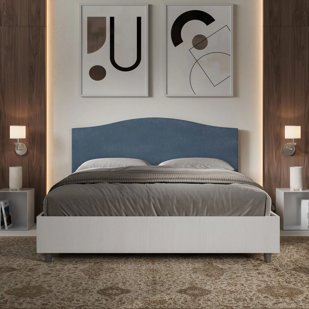 BS COM Letto matrimoniale con rete 160x190 bianco frassino testata microfibra blu - Image 3