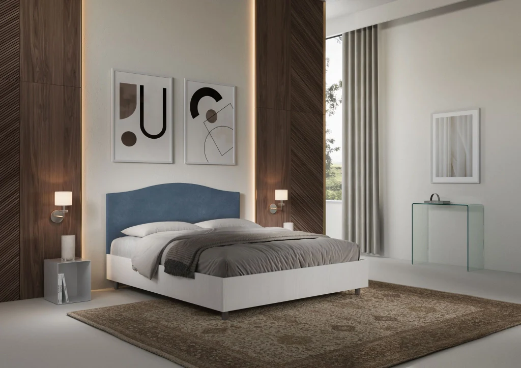 BS COM Letto matrimoniale con rete 160x190 bianco frassino testata microfibra blu - Image 4