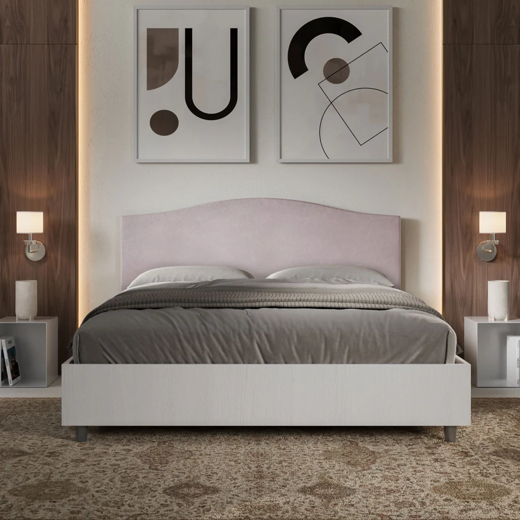 BS COM Letto matrimoniale con rete 160x190 bianco frassino testata microfibra glicine - Image 2