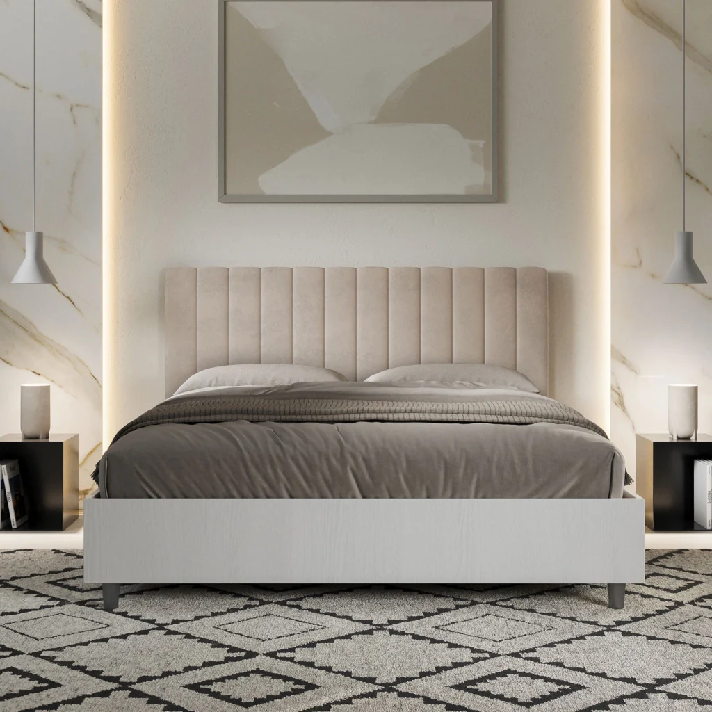 BS COM Letto matrimoniale con rete 160x190 bianco frassino testata microfibra sabbia - Image 2