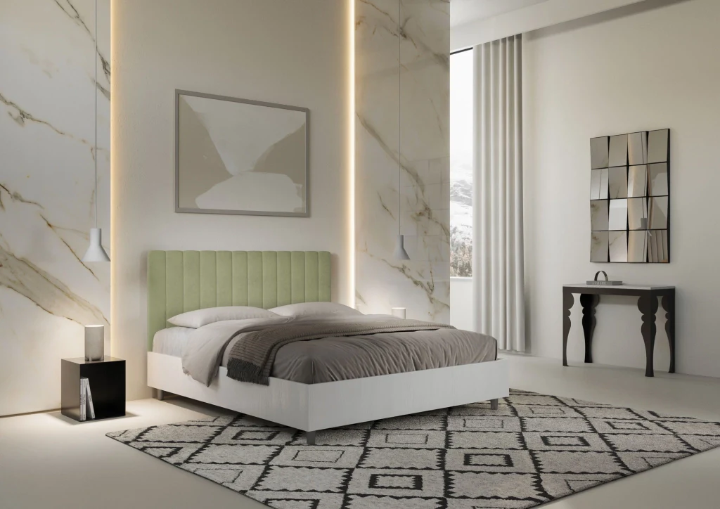 BS COM Letto matrimoniale con rete 160x190 bianco frassino testata microfibra tè verde - Image 3