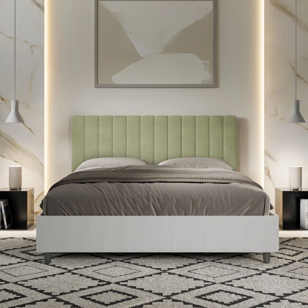 BS COM Letto matrimoniale con rete 160x190 bianco frassino testata microfibra tè verde - Image 4