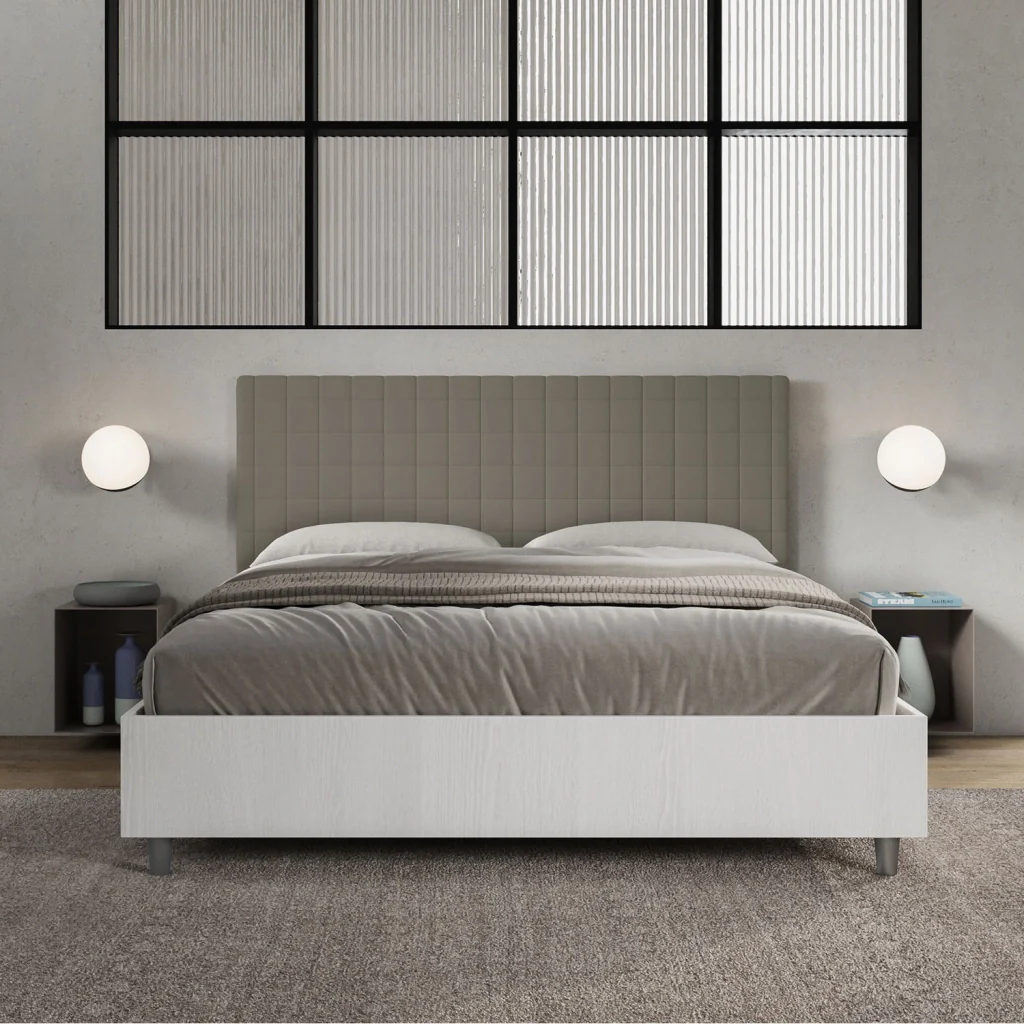 BS COM Letto matrimoniale con rete 160x190 bianco frassino testata similpelle cappuccino - Image 3