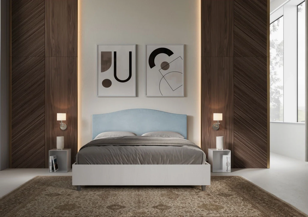 BS COM Letto matrimoniale con rete 160x200 bianco frassino testata microfibra azzurro - Image 4