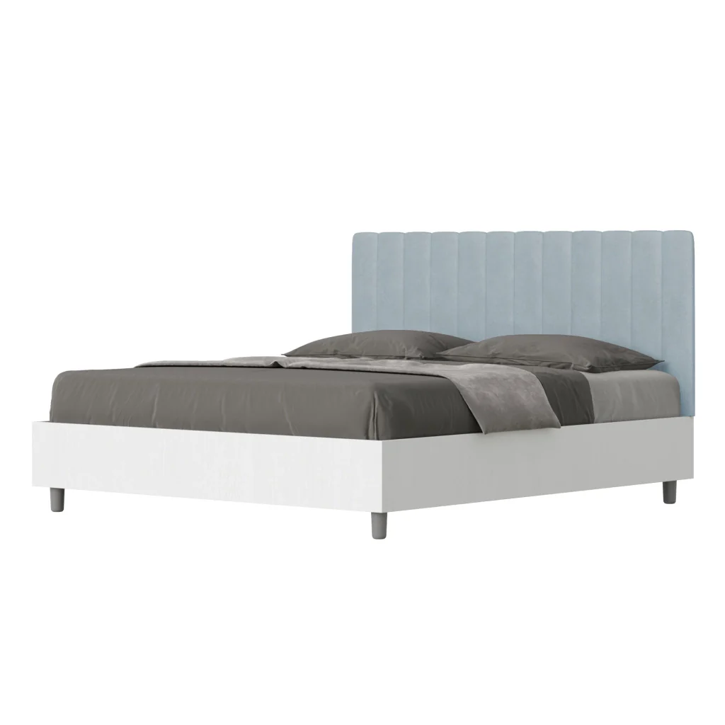 BS COM Letto matrimoniale con rete 160x200 bianco frassino testata microfibra azzurro