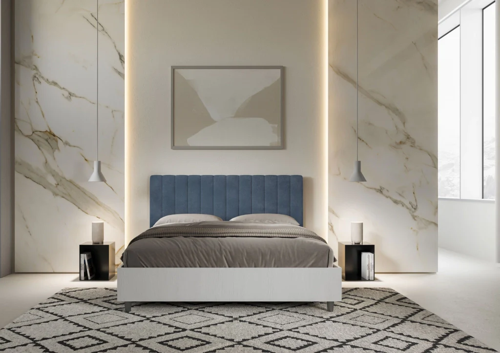 BS COM Letto matrimoniale con rete 160x200 bianco frassino testata microfibra blu - Image 3